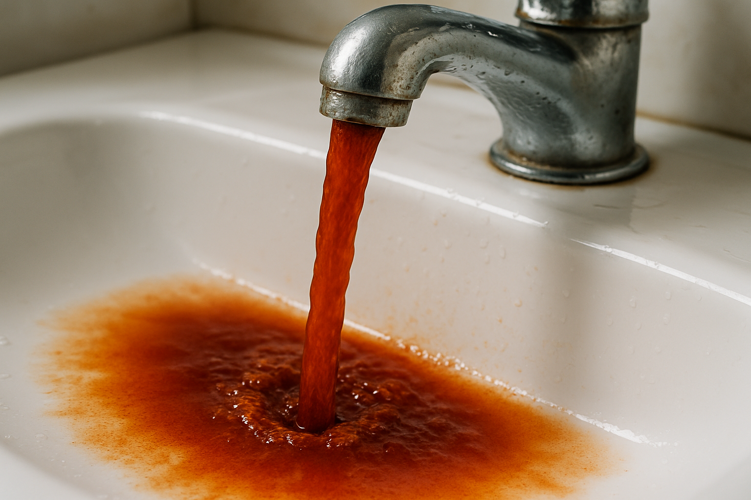 Close-up of rusty brown discolored water streaming from a bathroom faucet into a white sink, reddish tint contrasting sharp against porcelain, photorealistic and detailed.