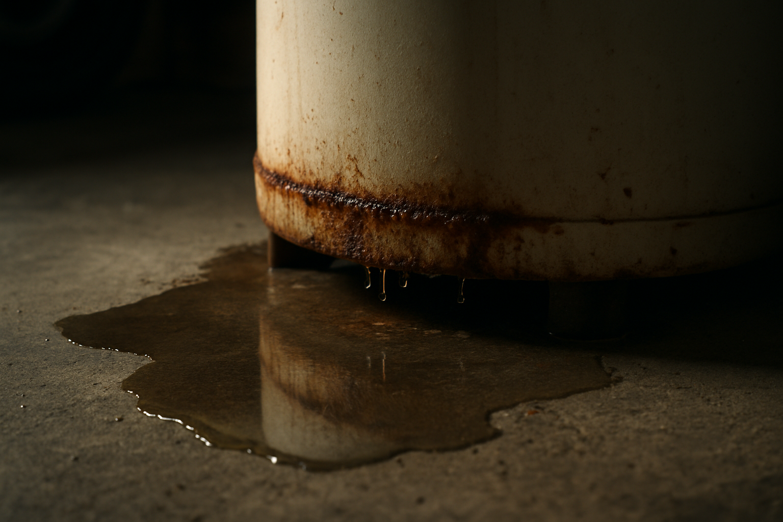 A shallow puddle of water pooling around the corroded base of a residential water heater on a garage floor, droplets forming on a rusted seam, tense realistic lighting.