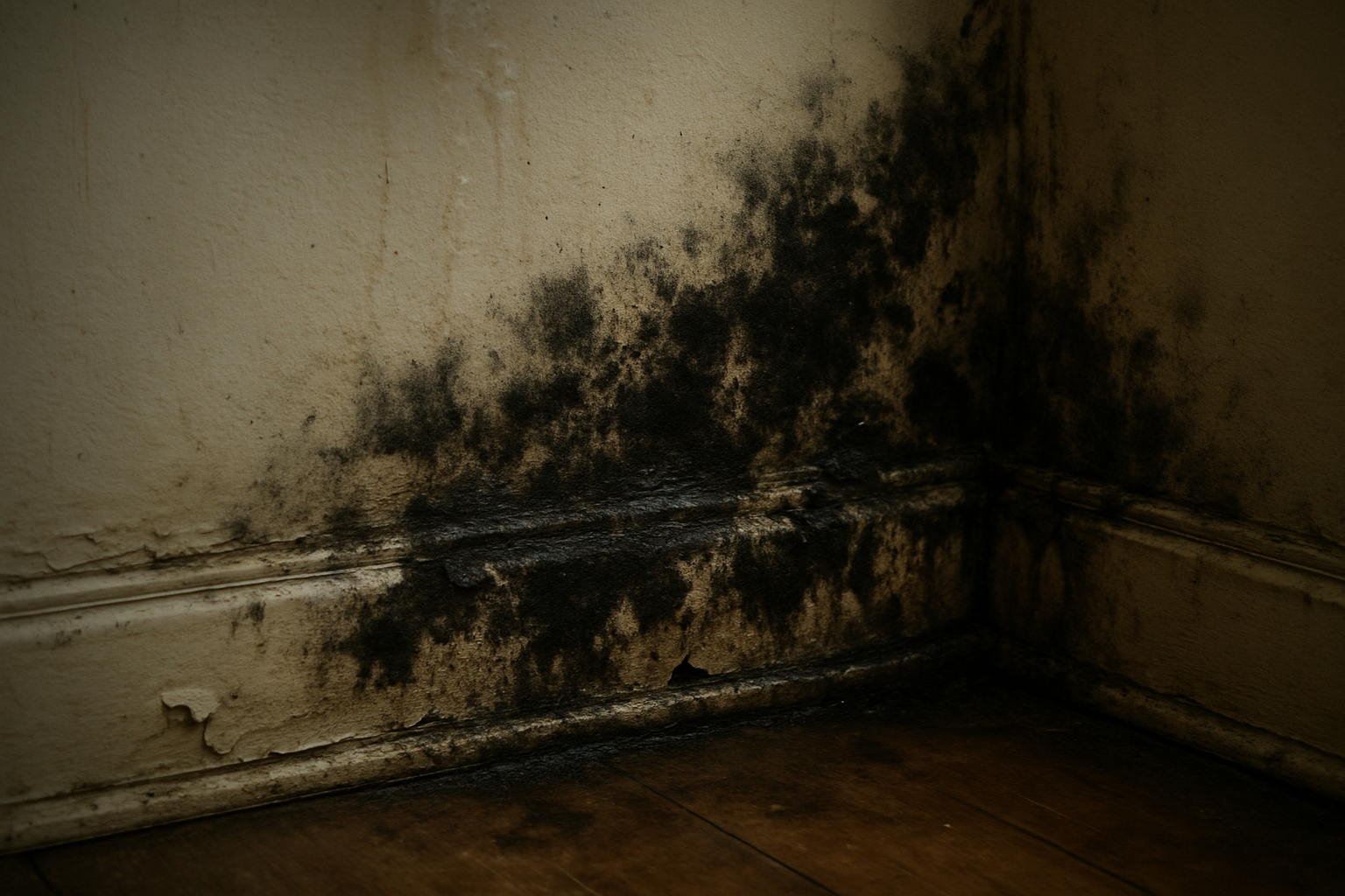 A photorealistic detail of dark mold and mildew creeping across a damp baseboard and lower wall corner in a dimly lit room, moisture staining and peeling paint visible up close