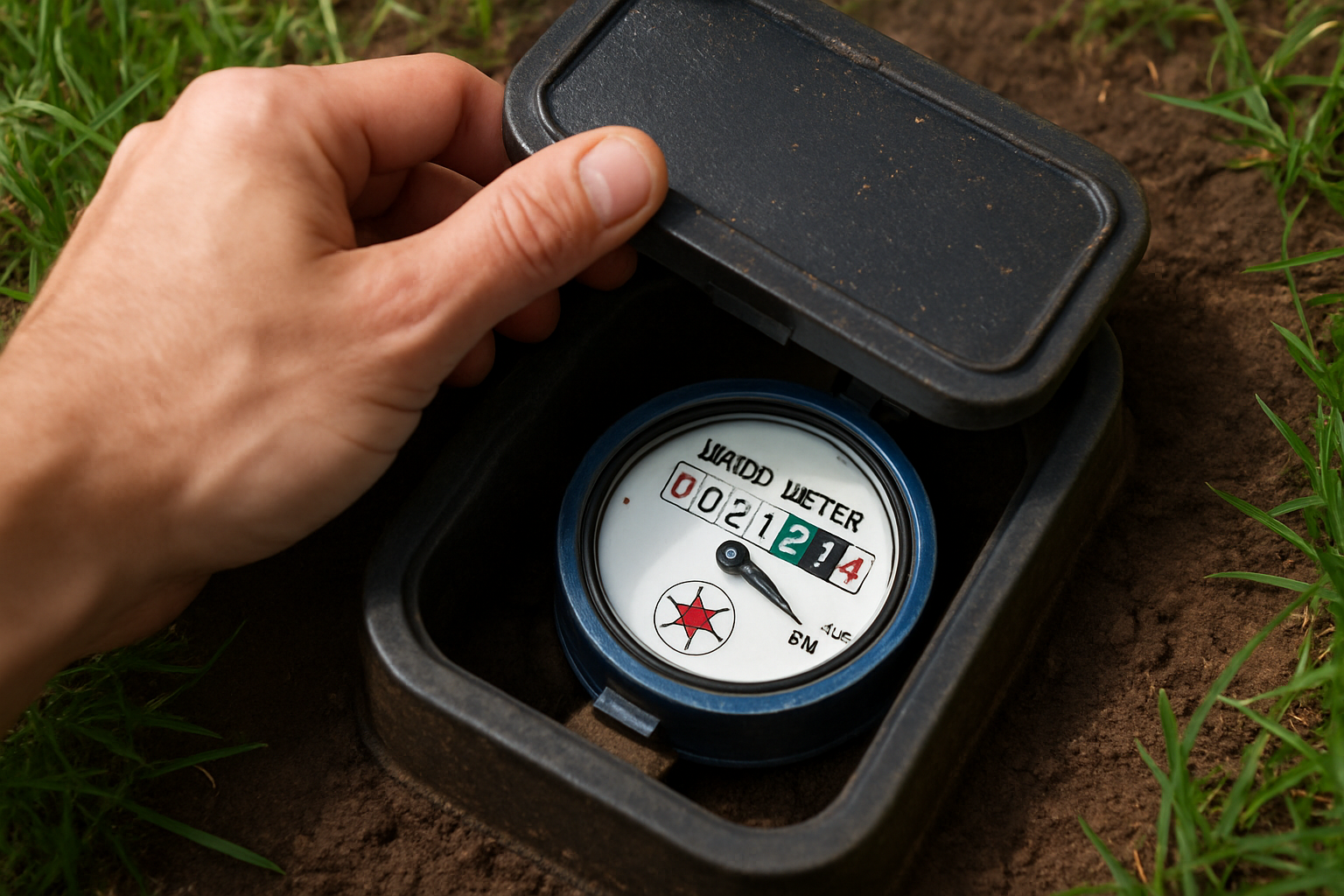 A close-up photorealistic shot of a hand lifting the lid of an in-ground residential water meter box, the mechanical dial and flow indicator clearly visible against damp soil and grass