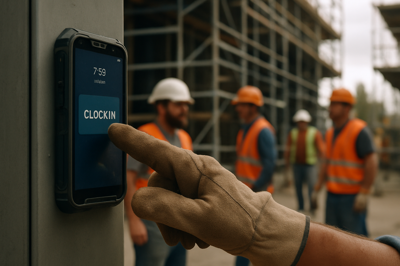 Close-up of a gloved construction worker tapping a rugged smartphone mounted at a job site entrance to clock in, with crew and scaffolding softly blurred behind, photorealistic editorial style