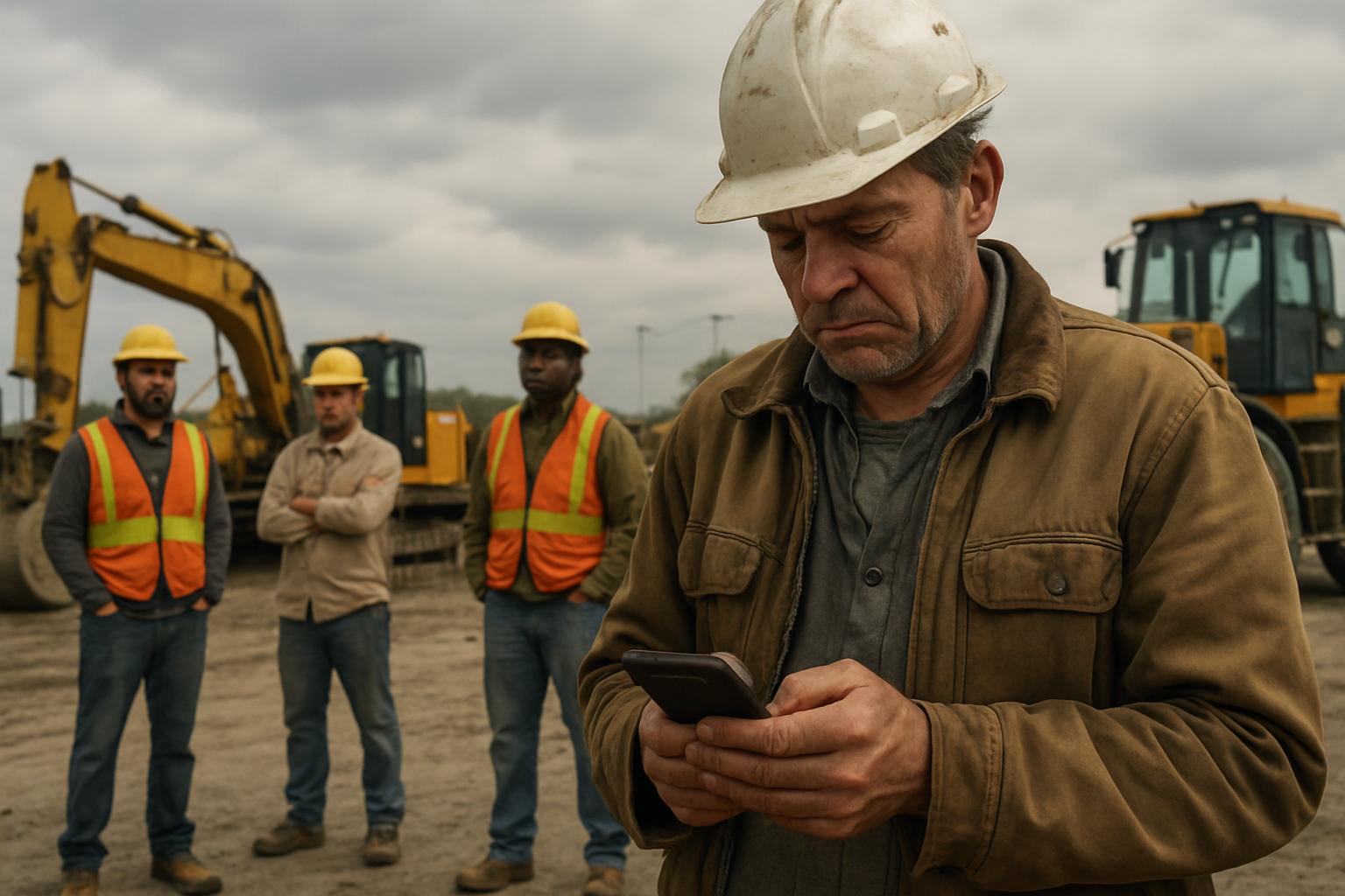 A weary foreman checking his phone amid an idle construction crew standing around waiting beside parked equipment under an overcast sky, conveying lost time and labor shortage, photorealistic editorial style