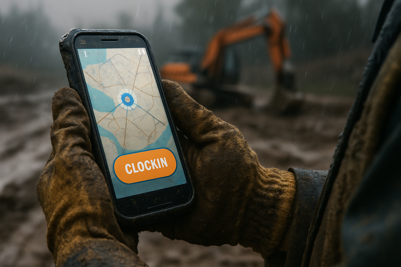 Close-up of a muddy, gloved construction worker's hands holding a rugged smartphone showing a glowing map-based clock-in screen at a rainy remote job site, photorealistic