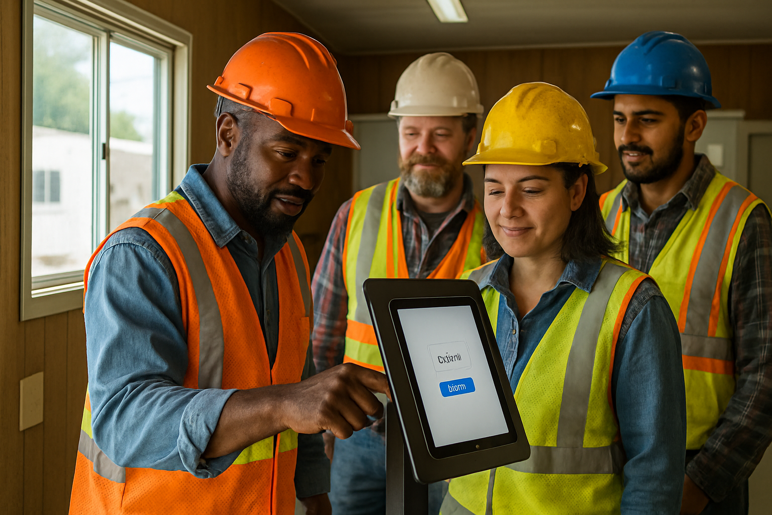 Diverse construction crew gathered around a tablet mounted in a kiosk stand inside a site trailer, each worker taking turns clocking in with bright daylight through the window, photorealistic