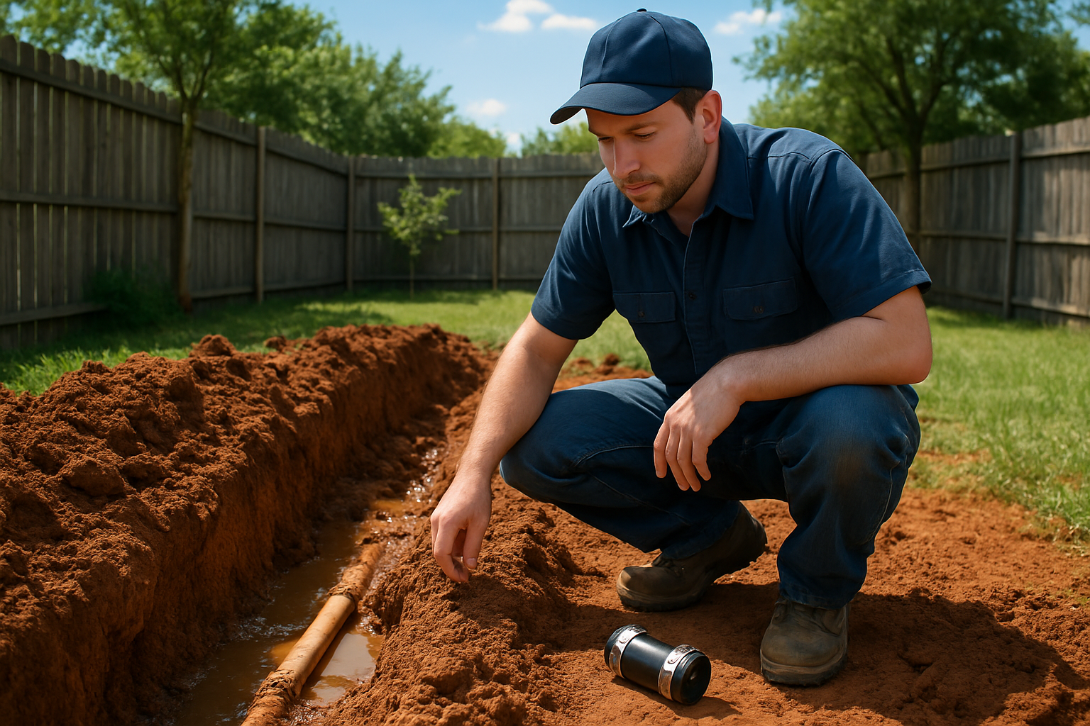 A plumber kneeling beside an open trench in a Texas backyard, exposing a broken underground water line in reddish clay soil with a repair coupling nearby, bright daylight, photorealistic, no text or logos