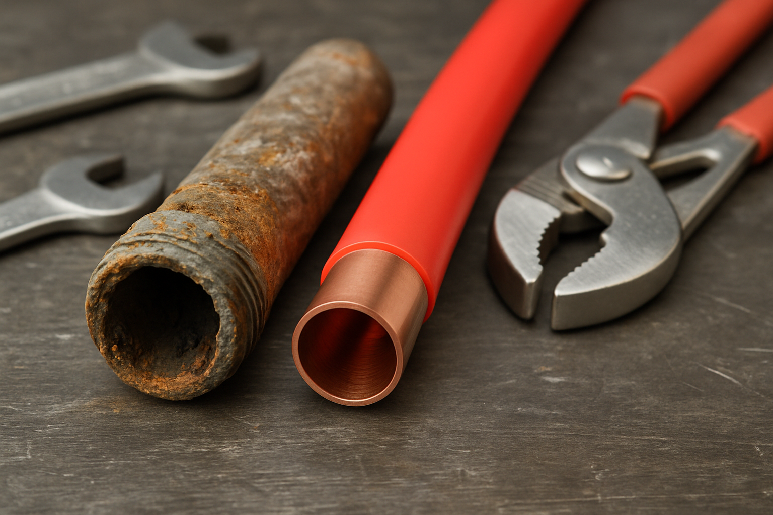 Close-up comparison of corroded galvanized steel pipe next to bright new PEX and copper tubing laid on a workbench with plumbing tools, sharp detail, photorealistic, no text or logos