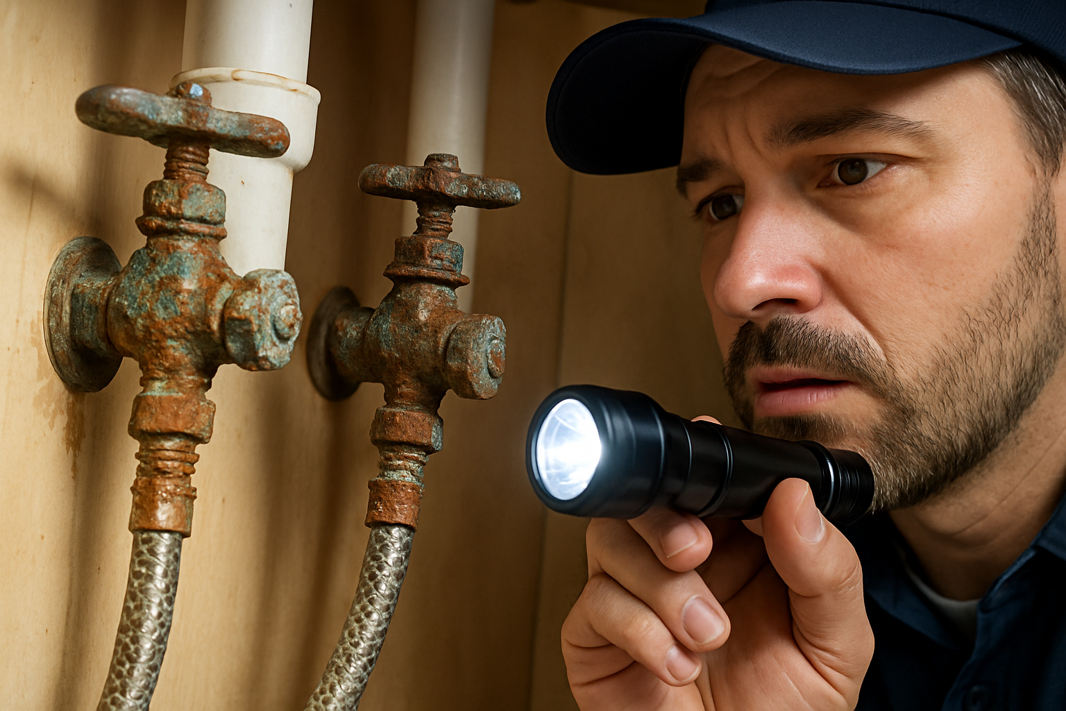 Detailed view under a kitchen sink showing corroded shut-off valves and rusted braided supply lines next to a plumber inspecting them with a flashlight