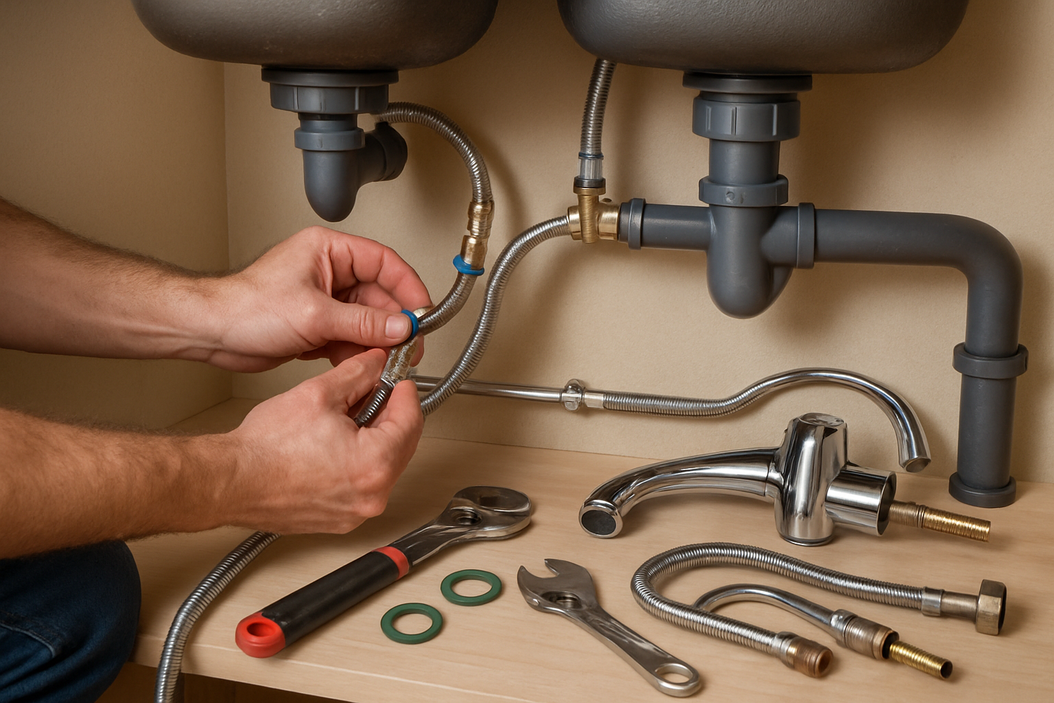 Close-up of a plumber's hands tightening supply-line connections and new gaskets beneath a kitchen sink, tools and faucet parts laid out neatly on the cabinet floor