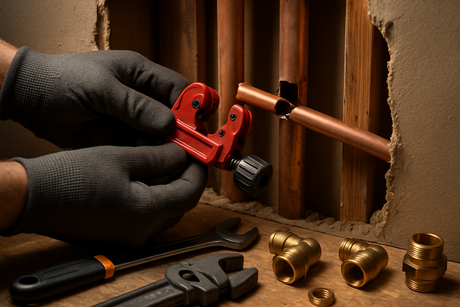 Close-up photorealistic shot of a licensed plumber's gloved hands using a copper pipe cutter to repair a broken supply line inside an opened wall cavity, tools and fittings laid out neatly, focused workshop lighting