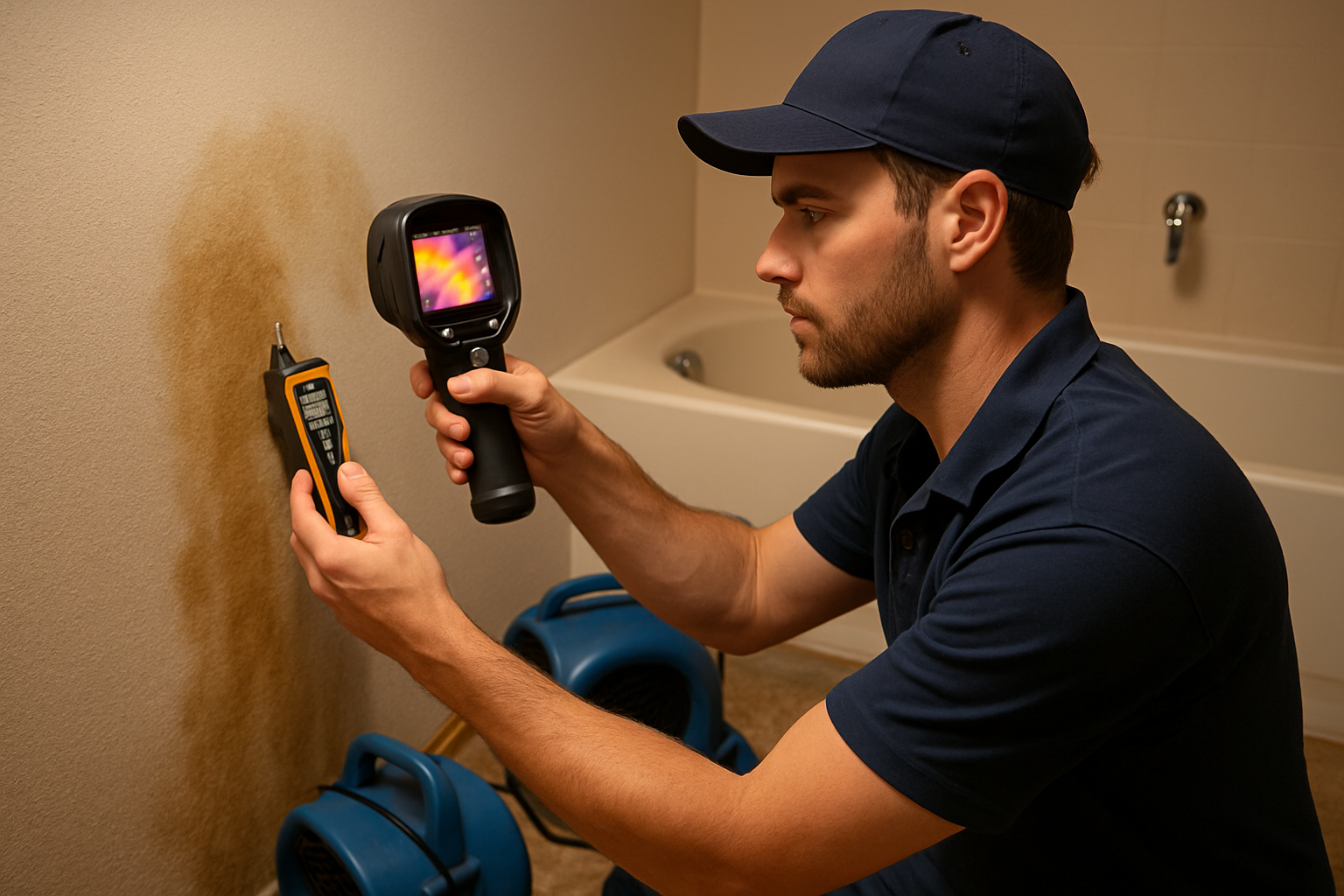 Photorealistic scene of a plumber holding an infrared thermal camera and moisture meter against a bathroom wall showing water discoloration, restoration drying fans positioned on damp flooring nearby, soft interior lighting