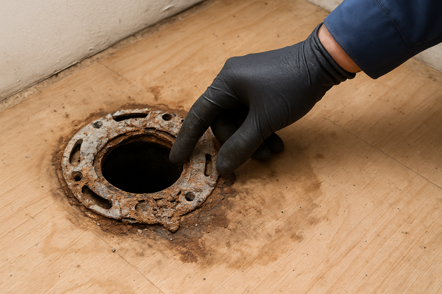 An open toilet drain opening on the floor revealing a corroded, cracked flange and a slightly water-stained subfloor, with a plumber's gloved hand inspecting the damage, photorealistic