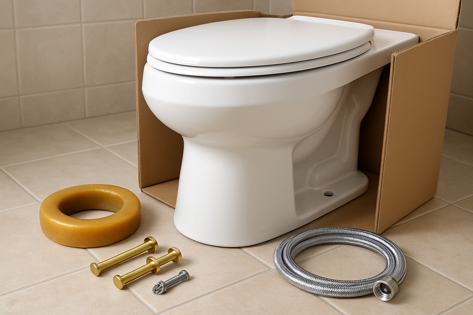 Close-up of an installation setup showing a boxed new white toilet, a fresh wax ring, shiny closet bolts, and a coiled braided supply line arranged on a tiled bathroom floor, photorealistic