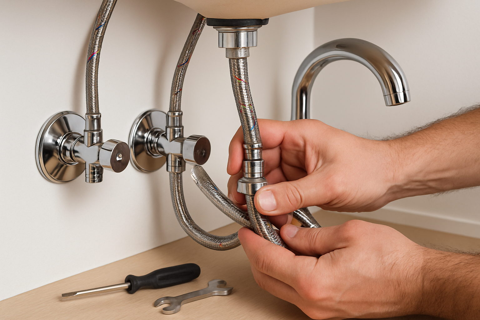 A close-up of a plumber's hands connecting braided stainless supply lines to shiny new angle shut-off valves beneath a sink, with a chrome faucet and small tools arranged nearby