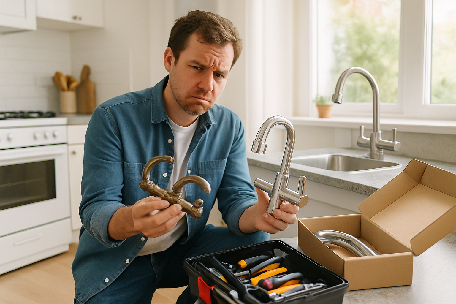 A homeowner kneeling with an open toolbox comparing a boxed new faucet to the old corroded one on the counter, hesitant expression, bright kitchen background