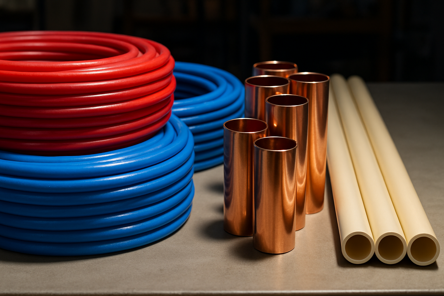 A close-up photorealistic comparison of coiled red and blue PEX tubing, polished copper pipe sections, and beige CPVC pipes laid side by side on a clean workbench under bright workshop light