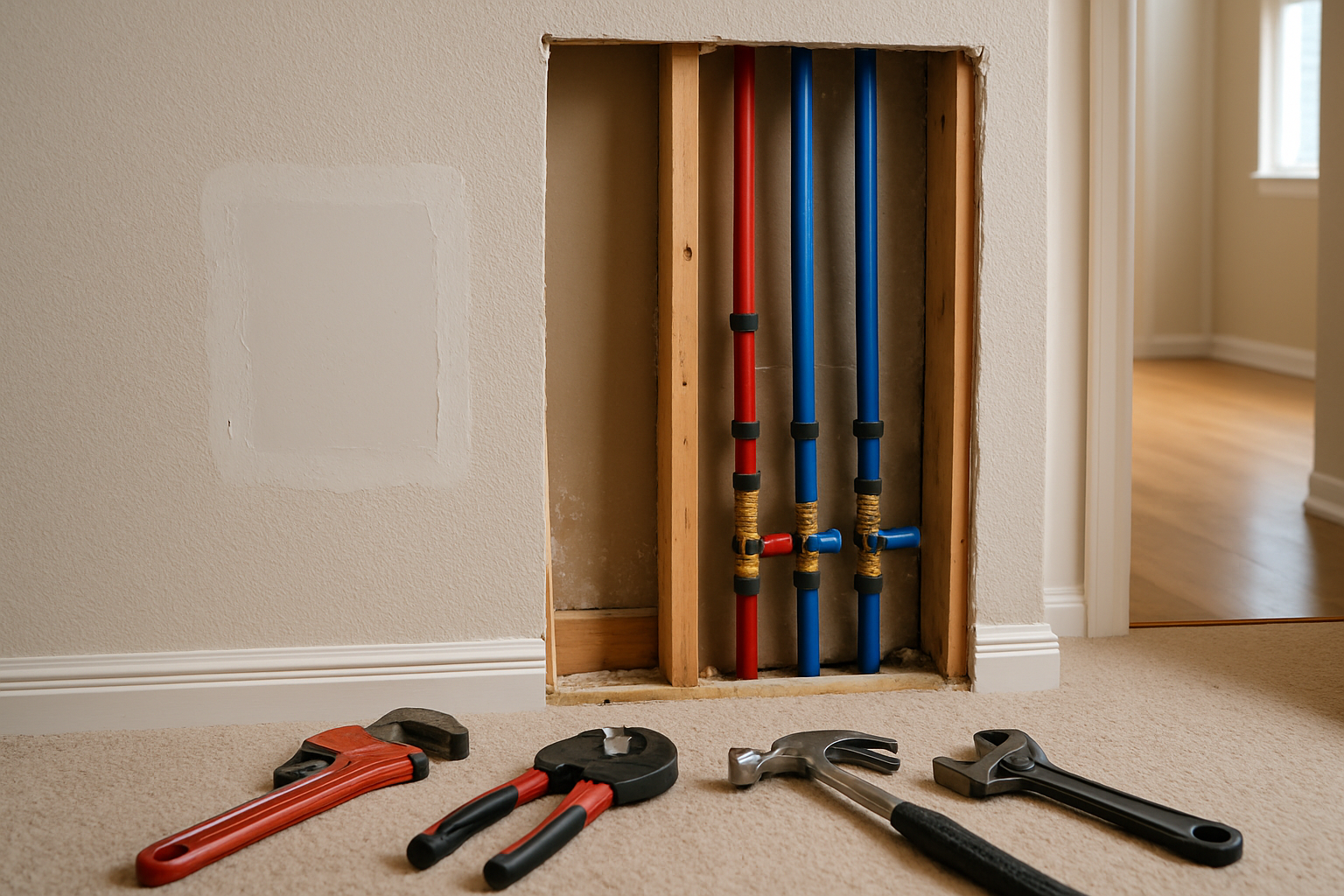 A photorealistic interior scene of an open drywall wall cavity exposing freshly installed PEX plumbing lines, with a plumber's tools and a patched drywall section drying nearby in a residential home