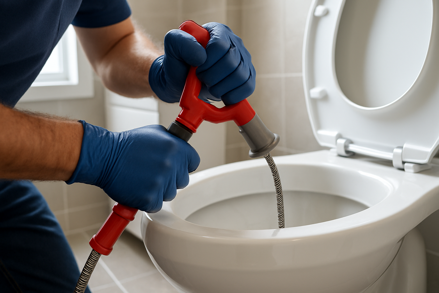 Close-up photorealistic shot of a plumber's gloved hands operating a closet auger inside a modern bathroom, clearing a clogged toilet drain in bright natural light