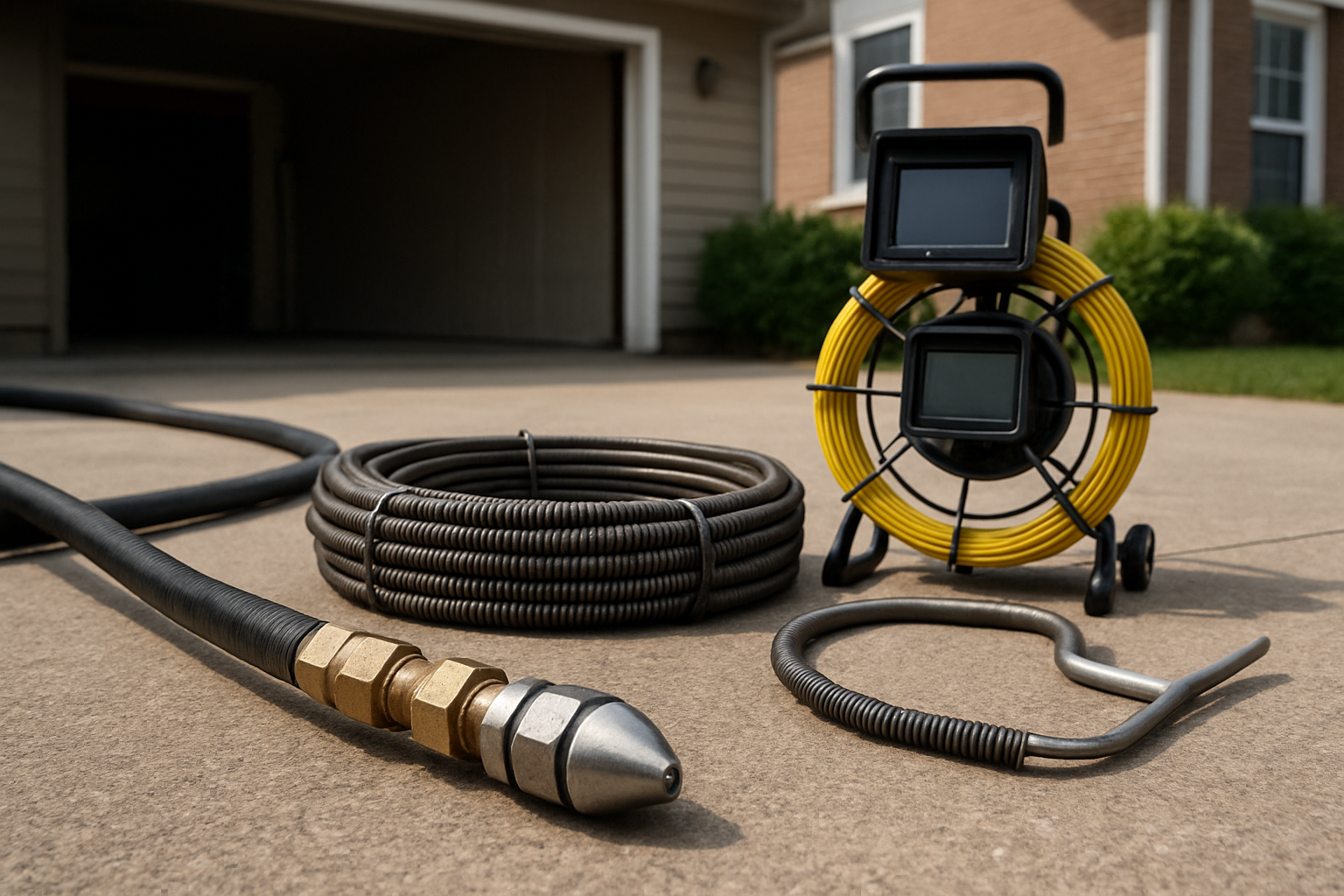 Photorealistic view of a high-pressure hydro jetting nozzle and hose alongside a coiled drain snake and a compact pipe-inspection camera reel laid out on a residential driveway