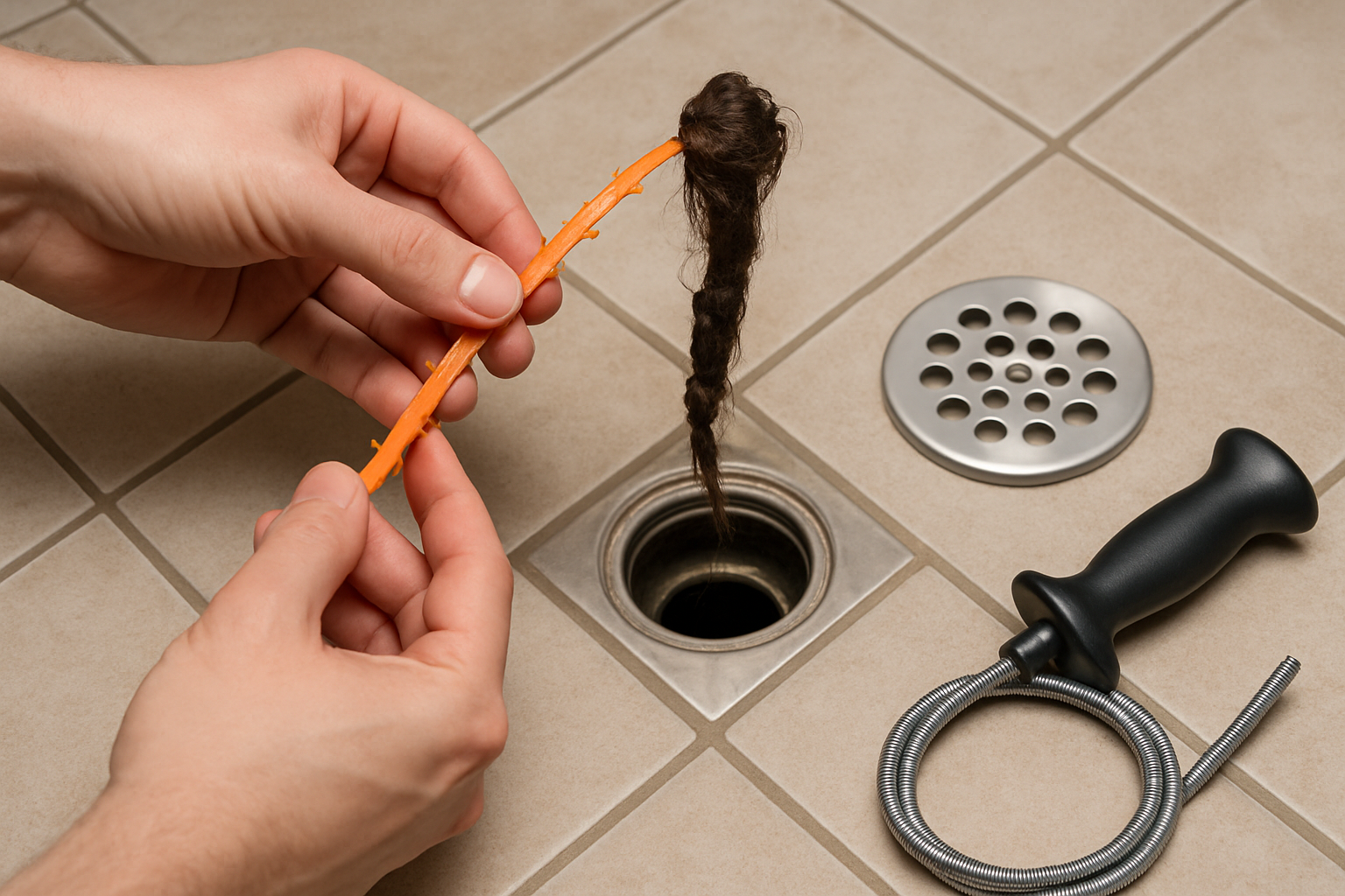 A person's hands using a small plastic hair-grabber tool to pull a matted clog from a removed shower drain cover, close-up on the tiled floor with a hand auger nearby, photorealistic