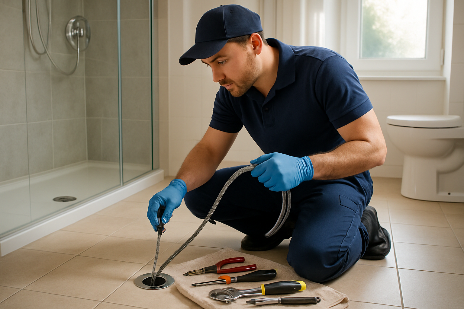 A professional plumber kneeling in a bathroom feeding a flexible metal drain snake cable into an open shower drain, tools laid out on a towel, natural morning light, photorealistic