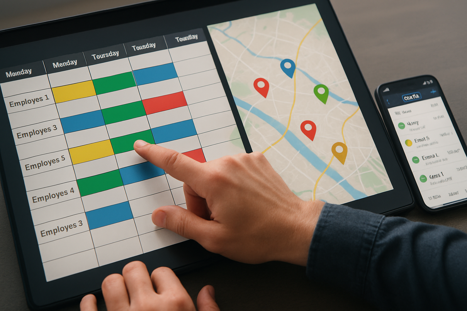 Close-up of a dispatcher's hands interacting with a touchscreen showing a color-coded scheduling board and live map markers, with a smartphone displaying a crew mobile app beside it