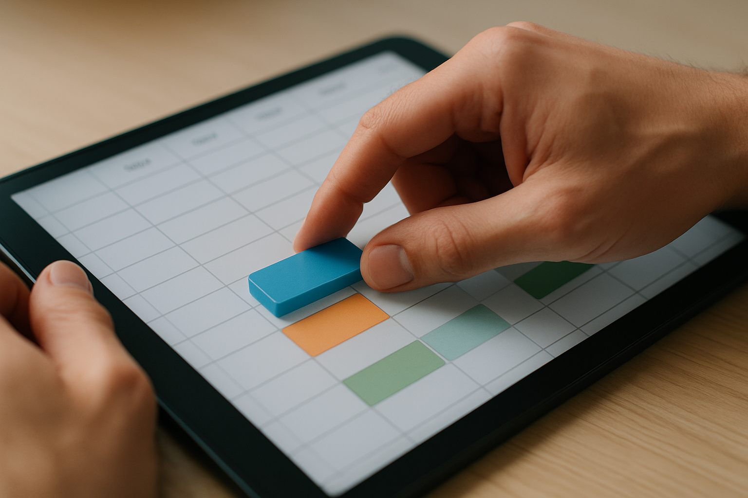 Close-up of hands dragging a colored shift block across a tablet's scheduling interface, photorealistic with soft office lighting and shallow depth of field, no readable text