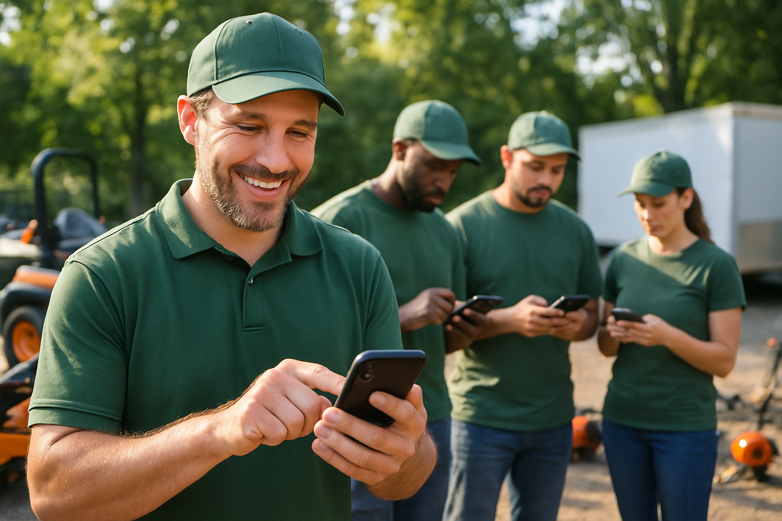 A landscaping team lead smiling while tapping a smartphone to publish the week's shifts, crew members checking their own phones nearby in a sunlit equipment yard, photorealistic