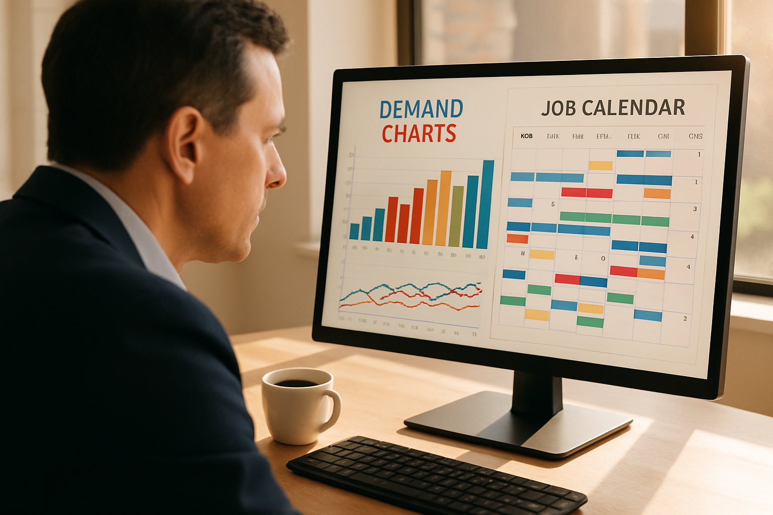 Close-up of a manager studying colorful demand charts and a job calendar on a desktop monitor in a sunlit office, coffee cup beside the keyboard