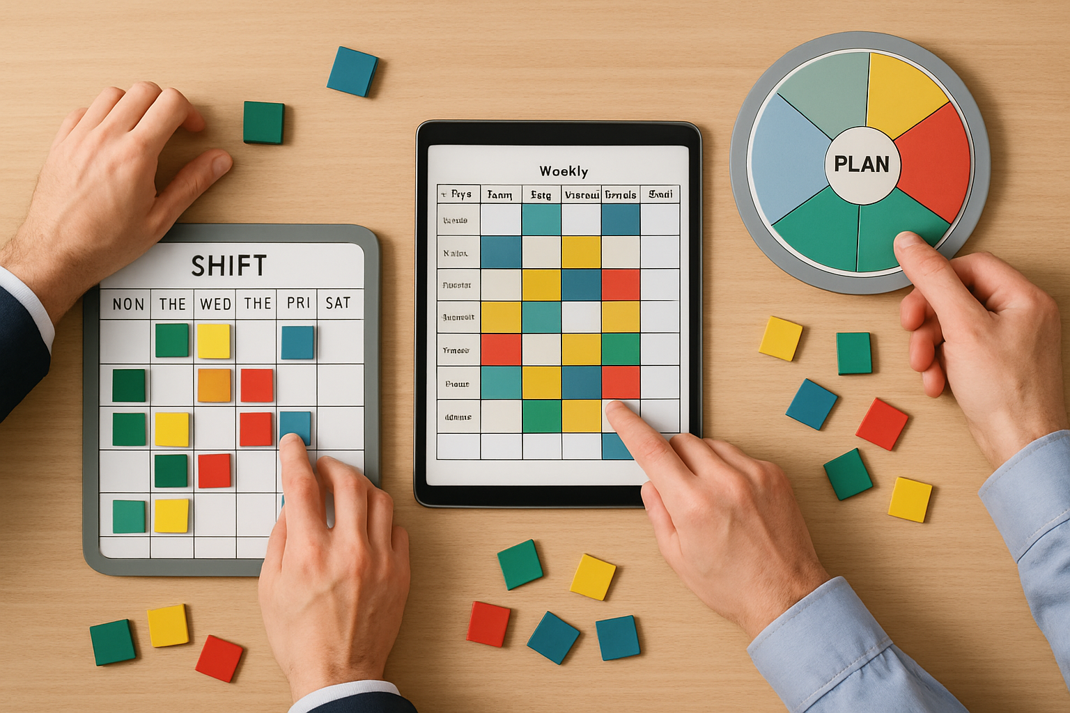 Overhead view of a planning table with magnetic shift boards, rotating color-coded tiles, and a tablet showing a weekly grid, hands of two managers arranging blocks