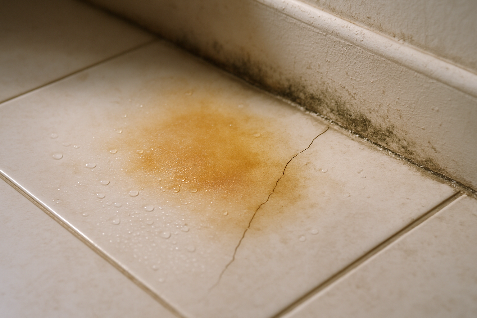 Close-up of a warm damp patch and faint hairline crack on a tiled home floor with condensation, subtle mold at the baseboard, soft natural light, photorealistic