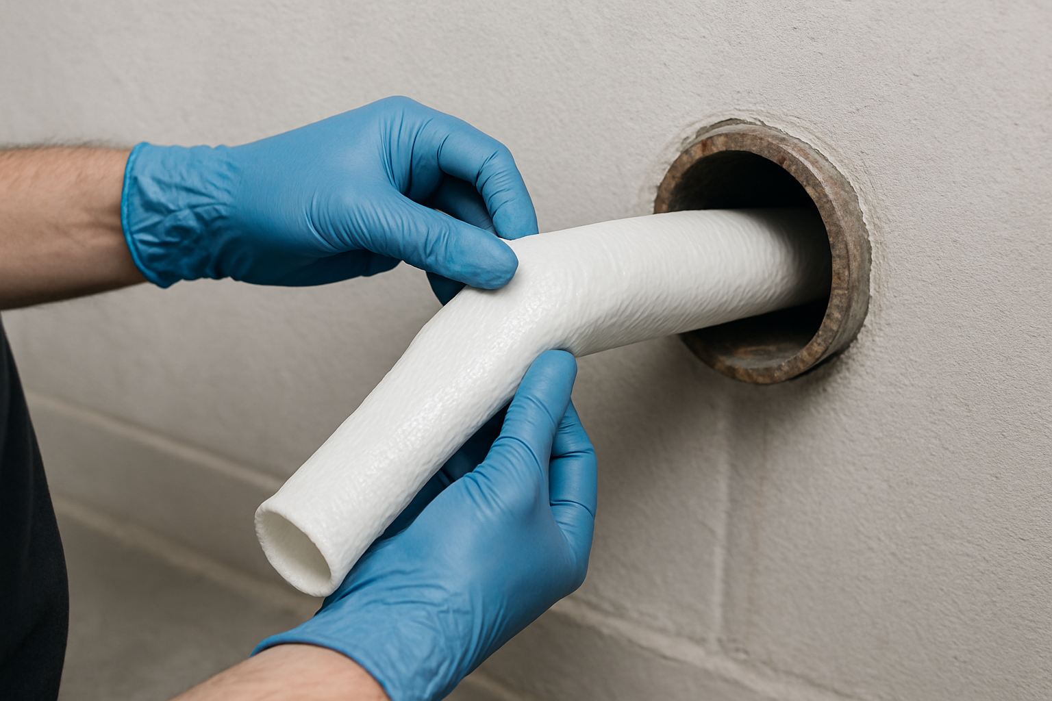 A technician's gloved hands feeding a flexible epoxy-coated liner into an exposed pipe through a small access point, focused detail, clean workshop lighting, photorealistic