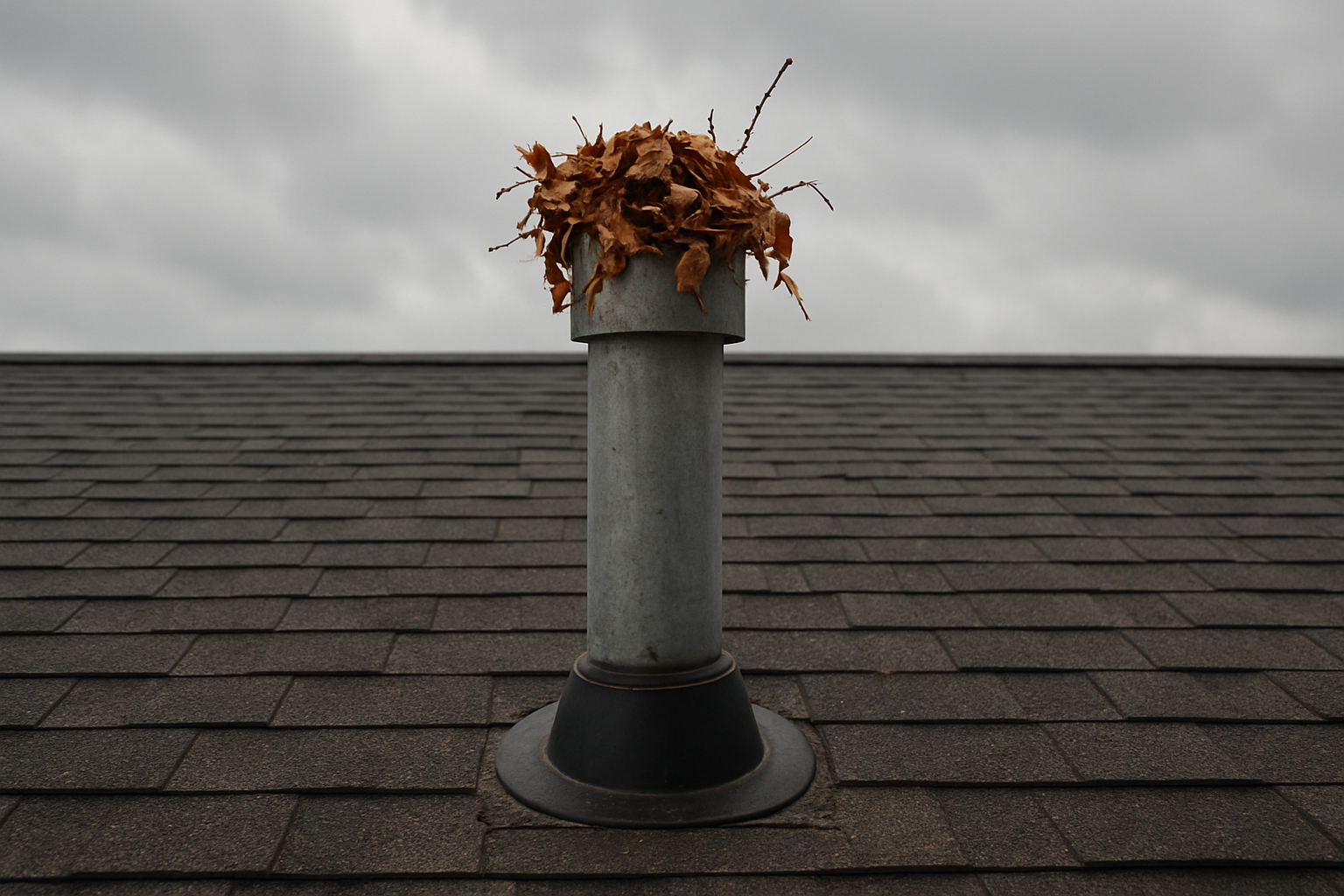 A photorealistic view of a vertical plumbing vent pipe protruding from a shingled residential rooftop, clogged with fallen leaves and twigs, under an overcast sky.