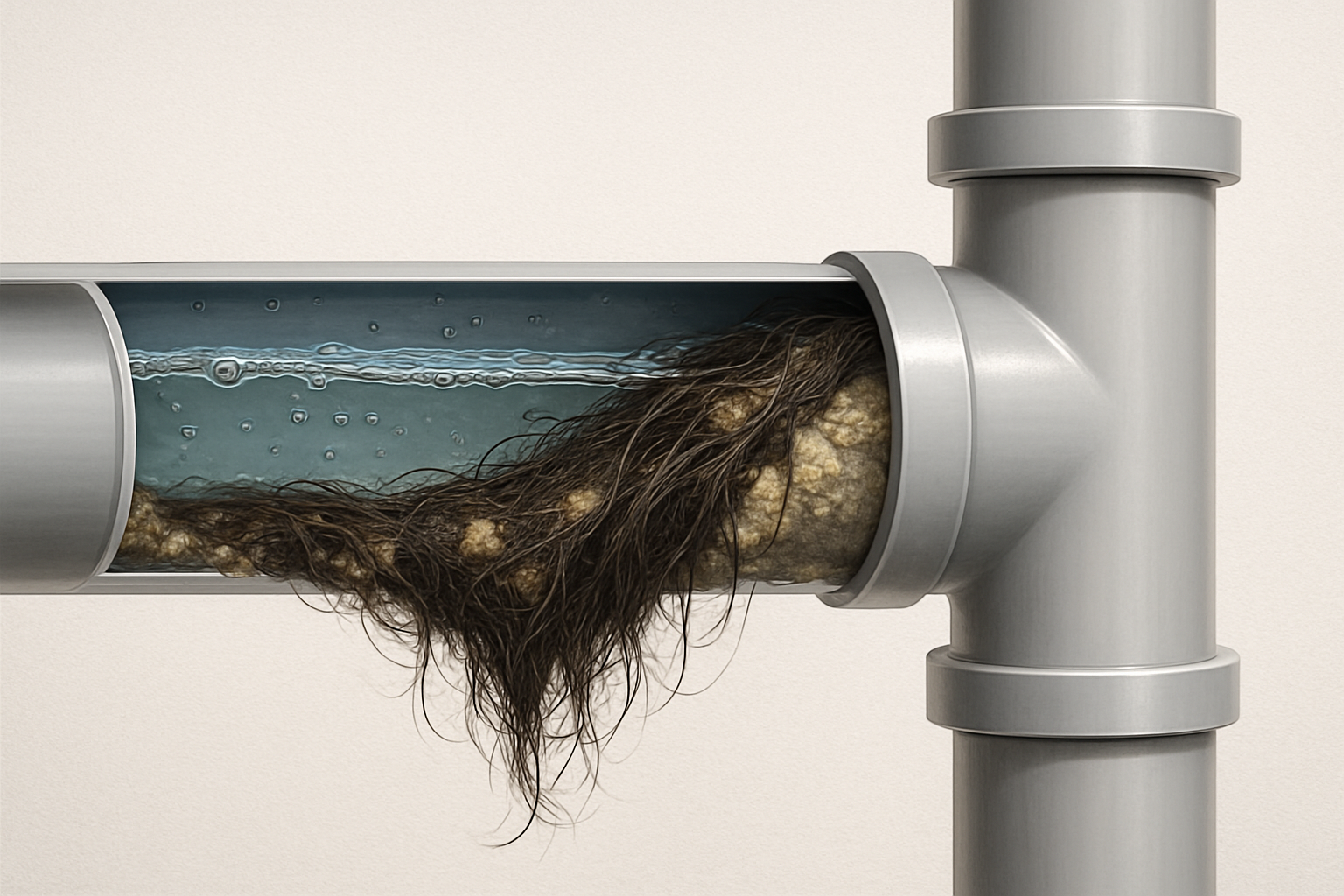 A photorealistic cutaway of a horizontal PVC branch drain pipe partially blocked by a mass of hair, grease and soap scum, water pooling behind the buildup, clean technical detail.