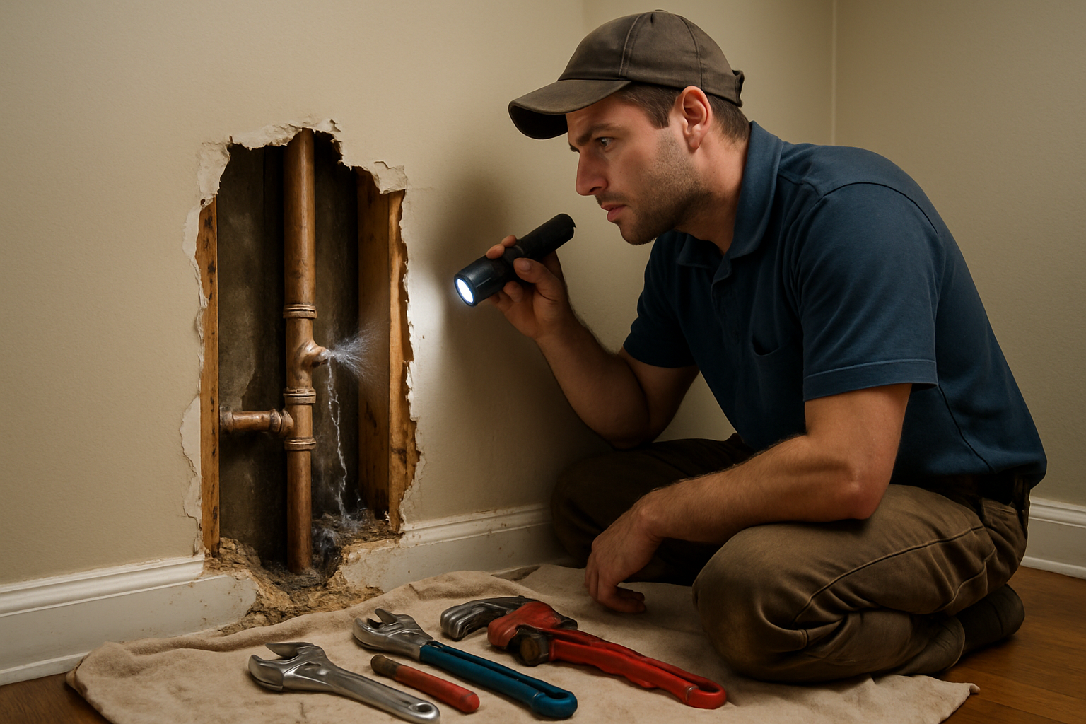 A plumber kneeling beside an opened drywall cavity revealing a burst pipe behind a wall, flashlight illuminating the damaged section, tools and drop cloth on the floor, photorealistic.