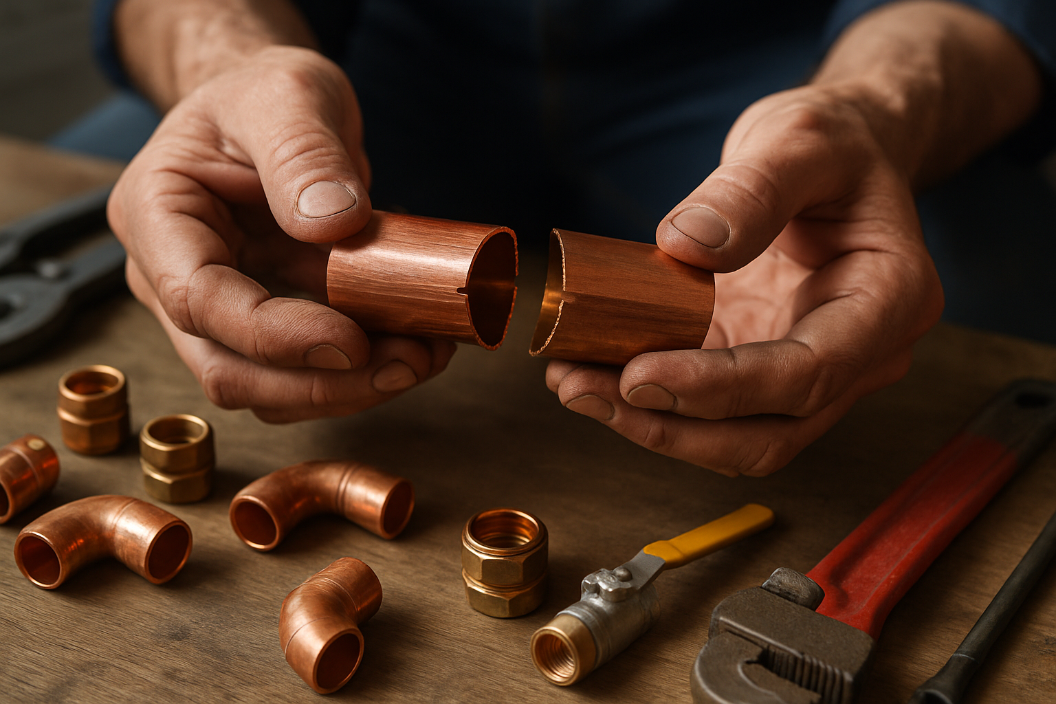 Close-up of a plumber's hands holding a freshly cut section of split copper pipe over a work surface with fittings and tools laid out, soft natural light, photorealistic.