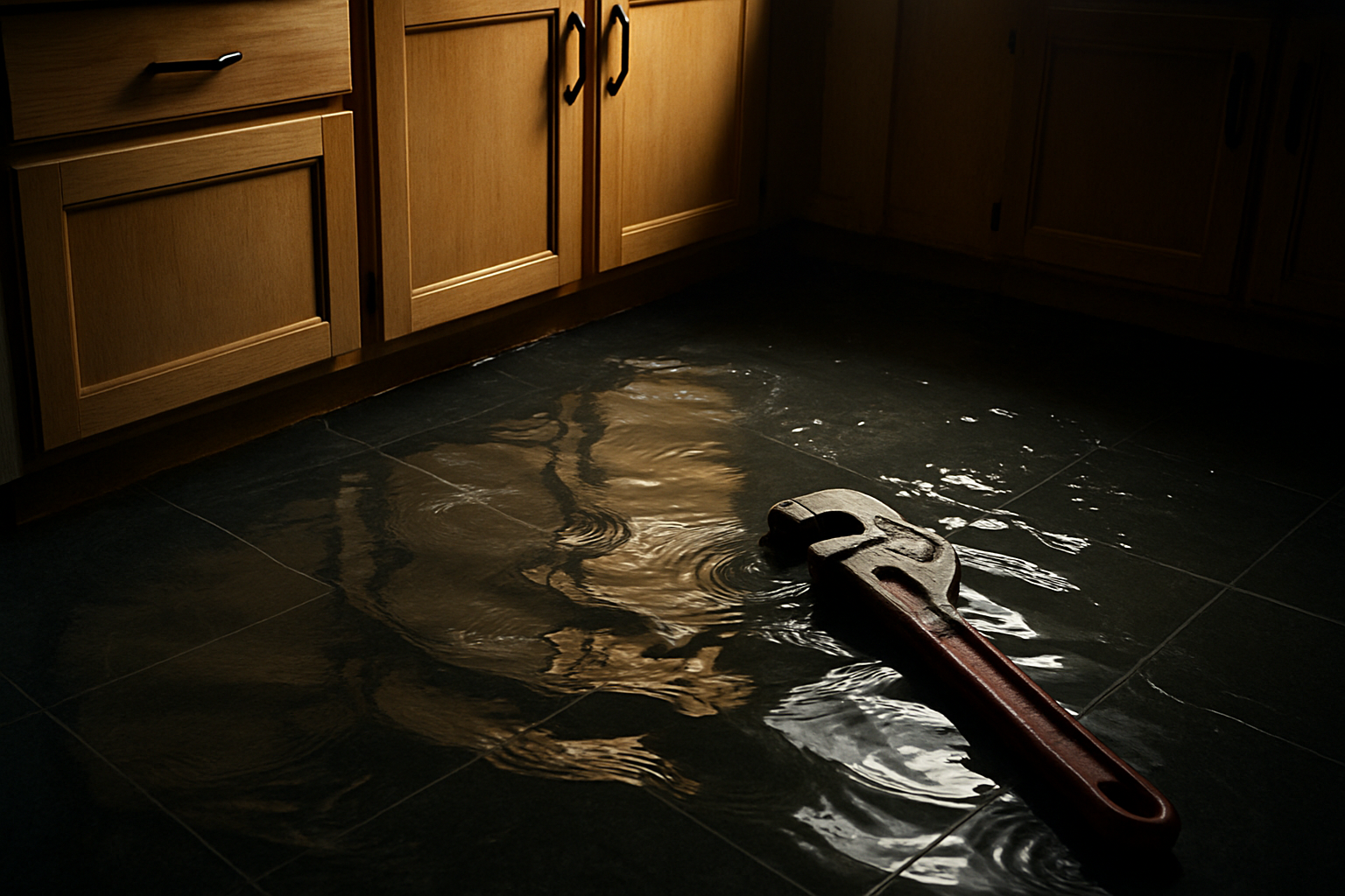 A photorealistic close-up of a flooded residential kitchen floor with water pooling around cabinets and a plumber's wrench nearby, dramatic overhead light emphasizing water damage risk, no text or logos
