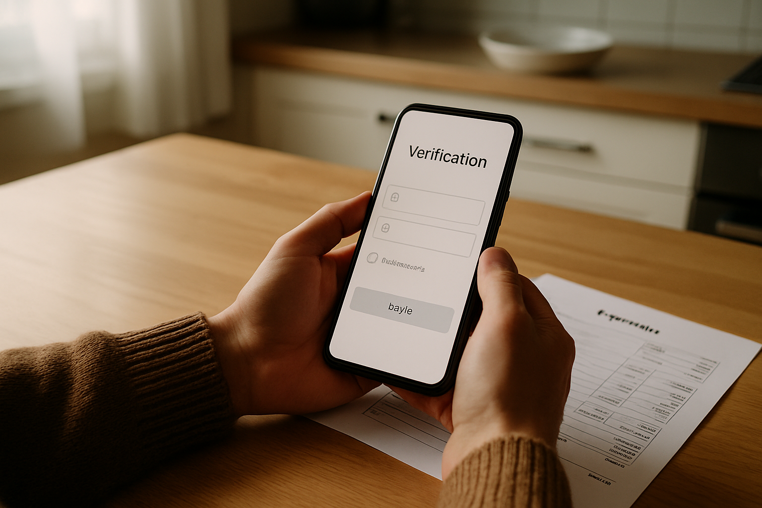 A photorealistic shot of a homeowner's hands holding a smartphone displaying a blank verification form interface while seated at a kitchen table with a printed estimate beside it, soft window light, no readable text or logos