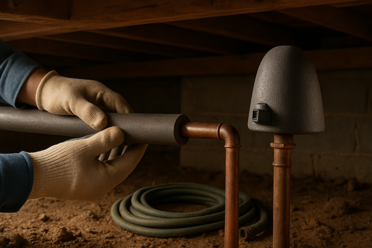 Close-up of gloved hands wrapping foam pipe insulation around an exposed water pipe in a crawl space, with an insulated faucet cover and a disconnected coiled garden hose visible nearby in soft natural light