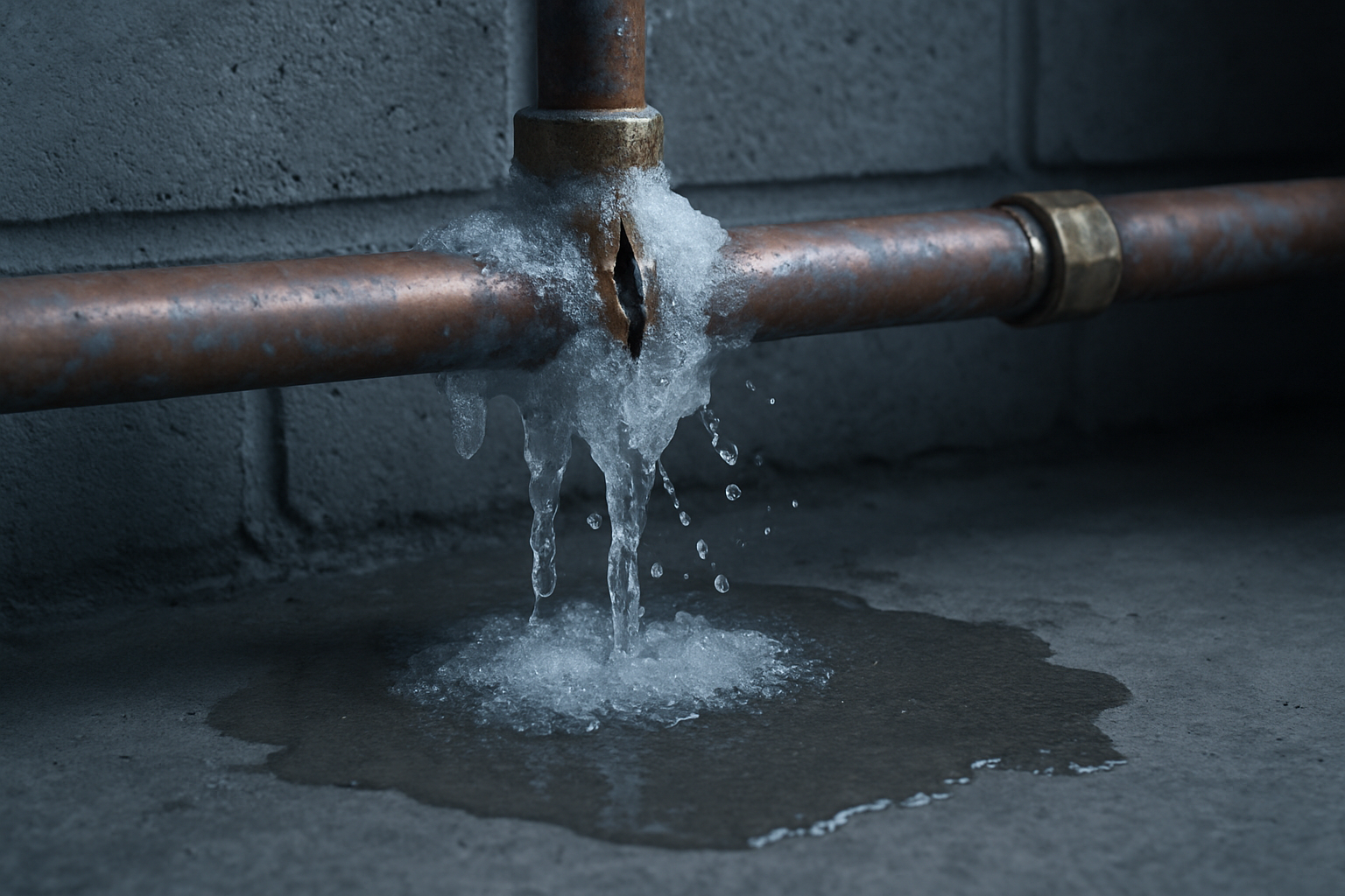 A burst copper water pipe with a jagged split leaking water inside an unheated garage, ice buildup around the crack and a small puddle spreading across the concrete floor in cold gray light