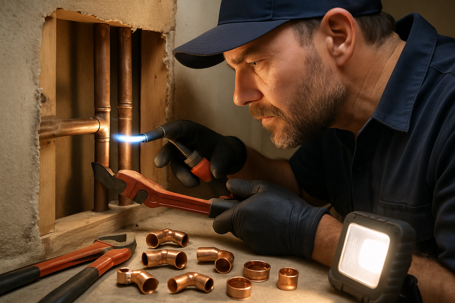 A plumber repairing an exposed copper pipe in an open section of wall with tools and fittings laid out nearby, bright work light, photorealistic close-up
