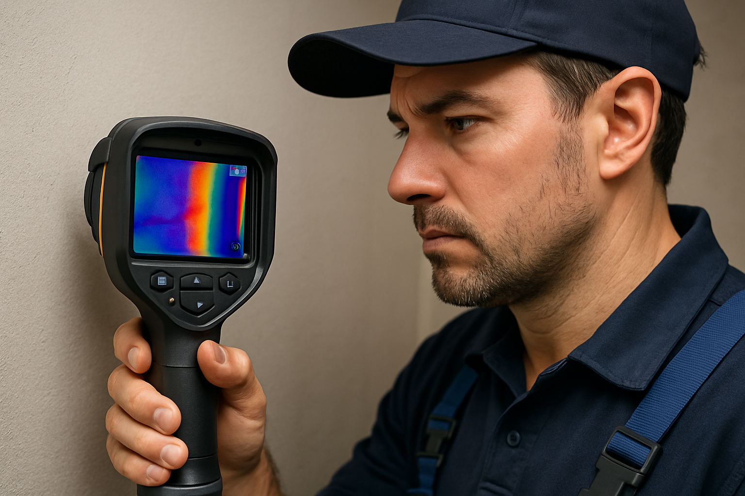 Close-up of a professional plumber holding an infrared thermal imaging camera against a wall, colorful heat signatures faintly visible, focused expression, photorealistic detail