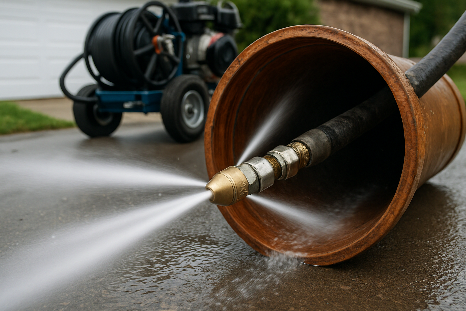 Close-up of a hydrojetting hose blasting high-pressure water through a residential sewer pipe, water spray and clean pipe walls visible, professional equipment in a driveway setting, photorealistic
