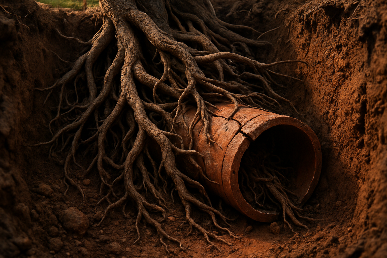 A tangle of tree roots invading and blocking a cracked underground sewer pipe, exposed in a trench in rich Texas soil, dramatic natural daylight, highly detailed photorealistic view