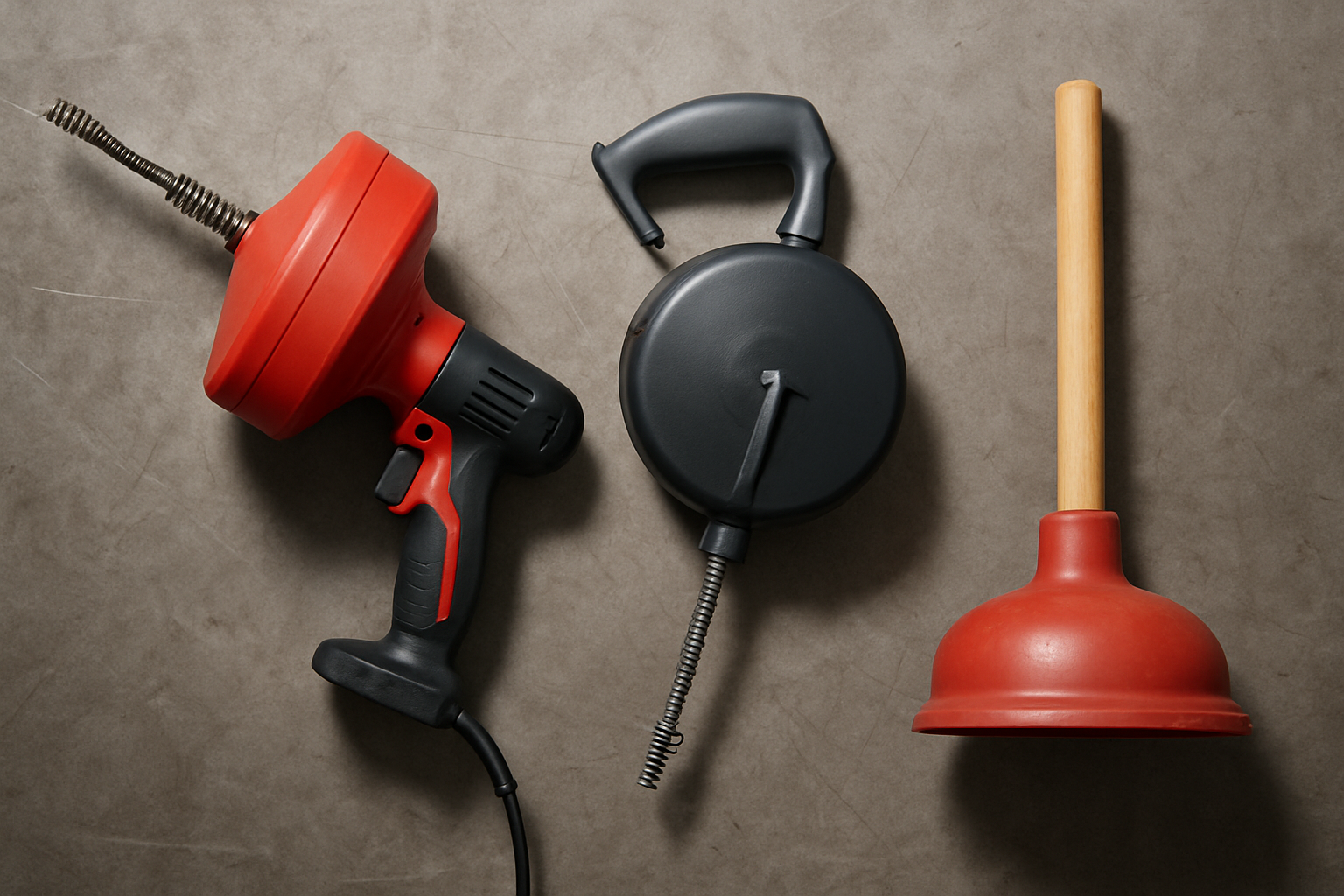 Flat-lay of professional drain-clearing tools arranged on a workshop bench — a motorized drain snake, a handheld auger, and a plunger — under crisp studio lighting, photorealistic