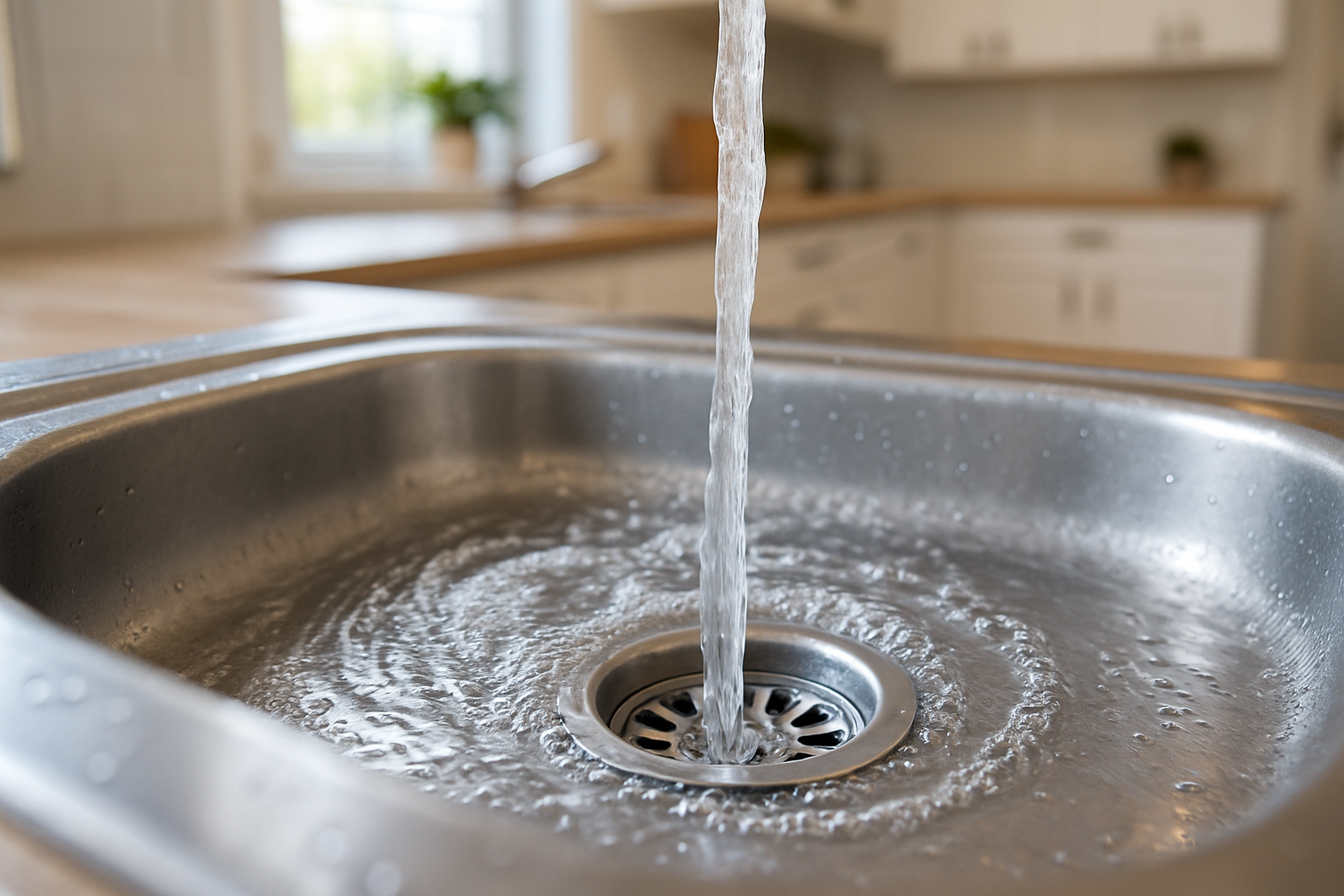 Close-up of water draining freely through a clean stainless steel kitchen sink, bright residential kitchen softly blurred behind, photorealistic