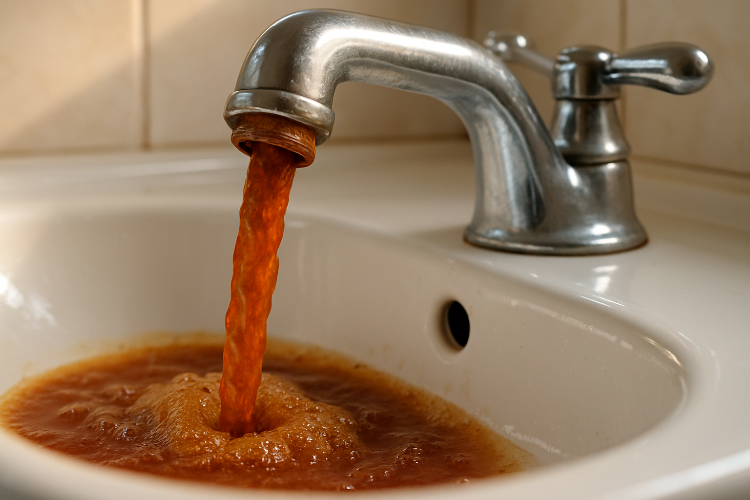A photorealistic close-up of rusty brown-tinted water pouring from a chrome bathroom faucet into a white sink, revealing internal pipe corrosion, soft morning light