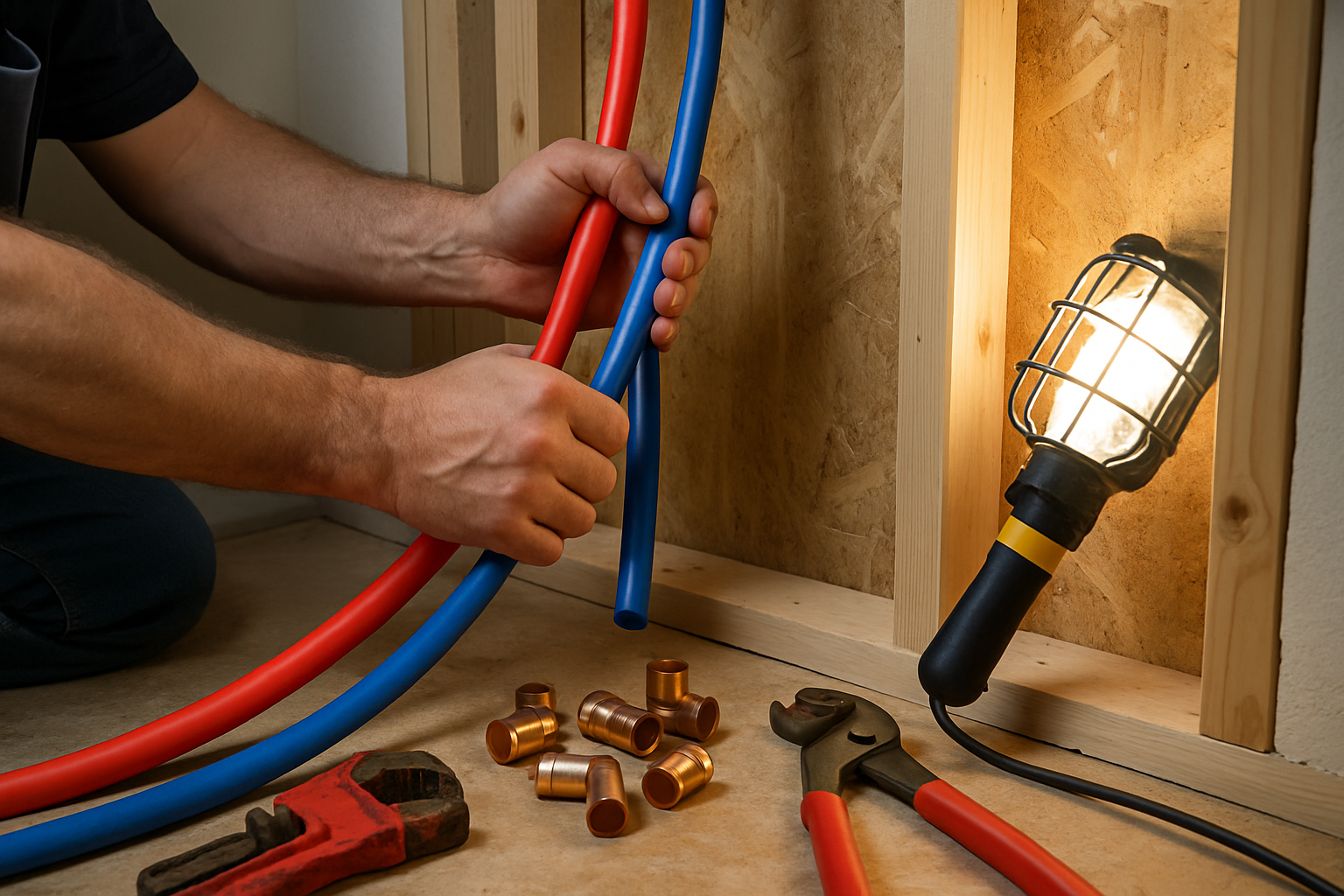 A photorealistic image of a plumber's hands feeding flexible red and blue PEX tubing through an open wall stud cavity in a residential home, tools and copper fittings nearby, bright work light