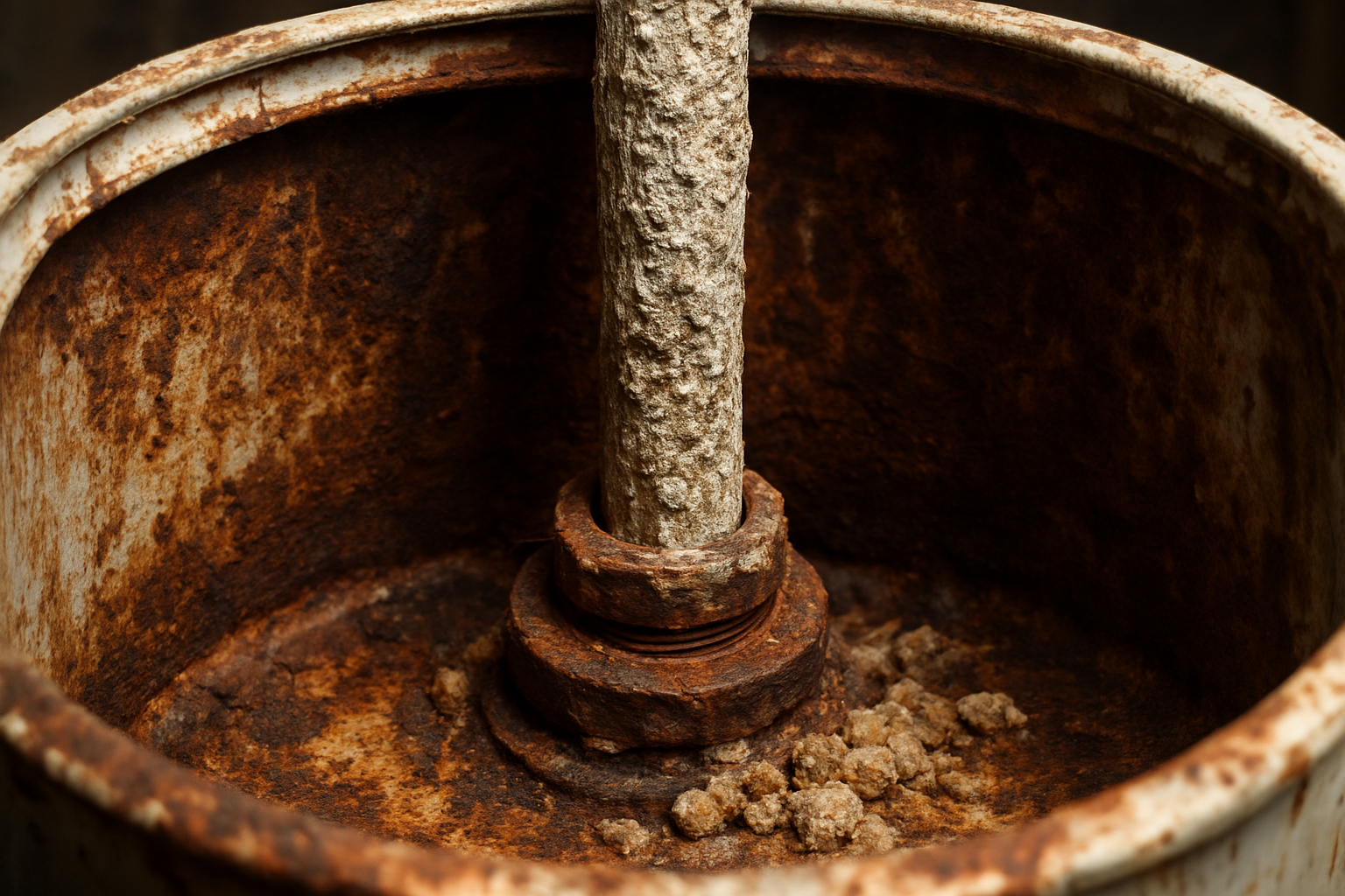A close-up photorealistic shot of an old corroded water heater's exposed anode rod and rusted tank interior with mineral buildup, harsh detail lighting revealing decades of wear