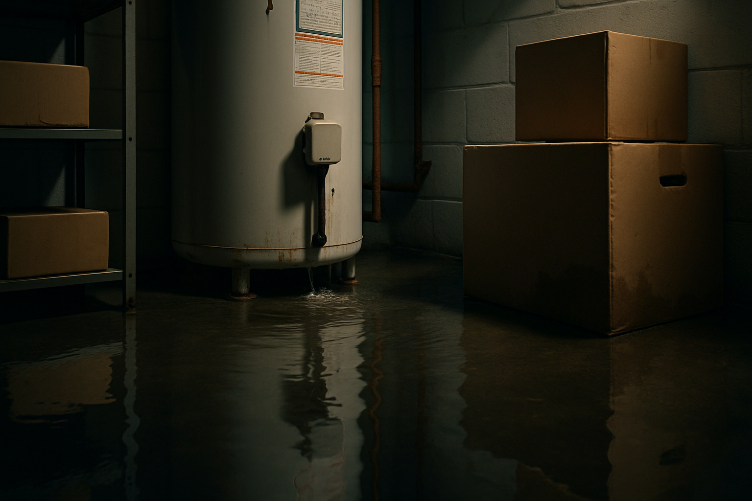 A photorealistic scene of water pooling across a residential utility room floor around the base of a leaking tank water heater, reflections and dampness spreading toward nearby boxes, tense dramatic lighting