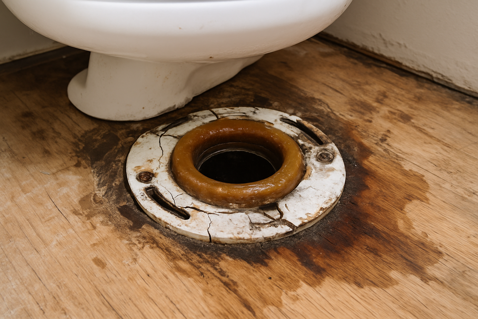 Close-up of a lifted toilet revealing a cracked closet flange and water-stained subfloor, with an old wax ring visible on the exposed drain pipe